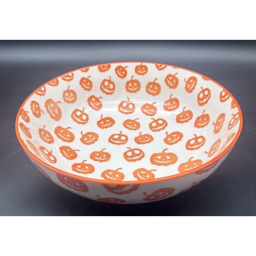 MugShotz Stoneware Orange White PUMPKIN Jack O Lantern Footed Serving Bowl 10”‎